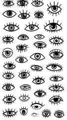 A collection of various eyes are depicted in black and white. The illustrations are in different sizes, shapes, with various eyelashes