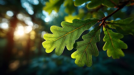 Vibrant green leaf backlit by golden hour sunlight highlights intricate visible veins and texture with lens flare through a blurred oak tree.