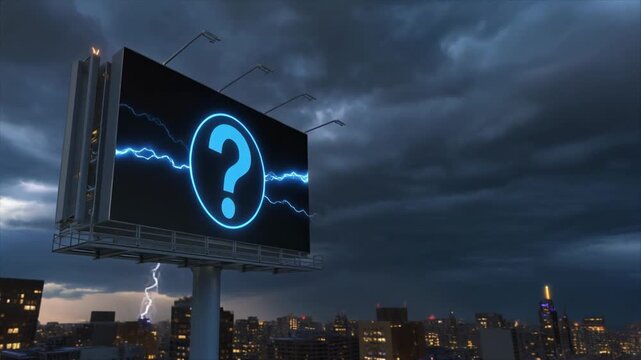 Storm skyline and power lines backlight neon mystery cube on roof ledge Video 4K UHD 60fps