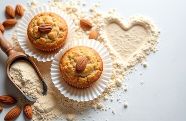 Two muffins in white paper cups are garnished with almond. Heart shape made of flour is on white background with nuts. Almond flour and scoop near muffins. Healthy baking concept.
