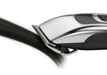Close up of a professional hair clipper cutting dark hair isolated on transparent background
