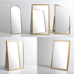 A collection of various floor mirrors with golden frames of different shapes and sizes, displayed against a white background