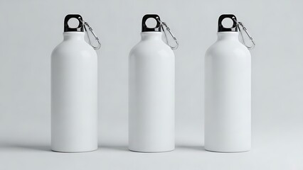 Three white metal reusable water bottles with carabiner clips