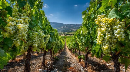 Vineyard rows stretch into the distance with lush green grape leaves and bunches of white grapes under a blue sky in a winery concept.