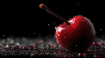 Vibrant Red Cherry with Water Drops on Black Background for Food Photography and Design