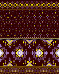 Vibrant ethnic seamless pattern with traditional geometric design. This cultural fabric background features intricate yellow and purple motifs on brown backdrop for textile art