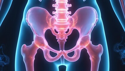 Naklejka na ściany i meble 3D render showing female pelvic anatomy with glowing bones and joints highlighted in pink. Lumbar spine connects to hip bones, inner thigh bones extend down. Blue outline shows human body form.