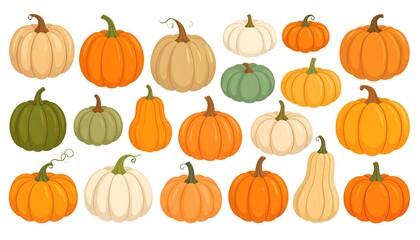 A collection of various pumpkins in diverse colors and sizes, arranged against a white background. They have realistic features