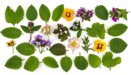 A collection of various green leaves and vibrant small flowers, arranged on a stark white background