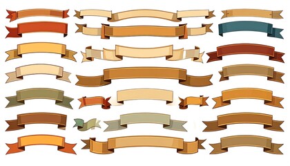 A collection of various ribbons and banners in warm, earthy tones. Each one is a unique shape and style, offering a variety of options