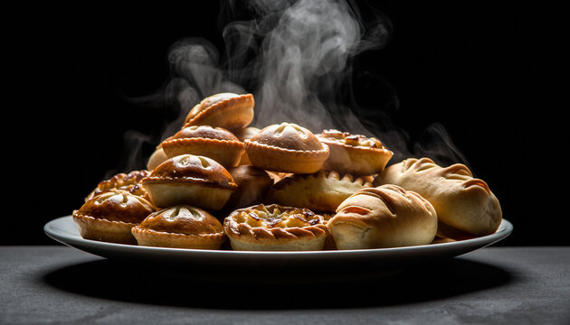 A pile of freshly baked, steaming mince pies is presented on a white plate against a dark background, showcasing their golden crusts and festive appeal.