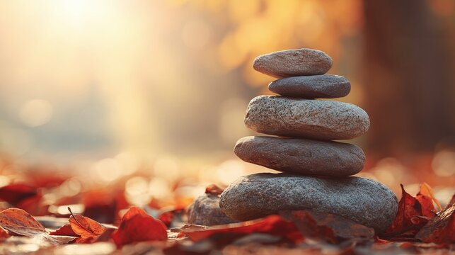 A balanced zen stone stack in a serene autumn scene, embodying mindfulness. Gentle light filters through, illuminating fallen leaves. Peace and harmony prevail.