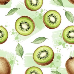 Fototapeta premium Seamless Pattern of Fresh Kiwi Fruit Halves and Green Leaves on White Background with Light Green Paint Splashes Refreshing and Healthy