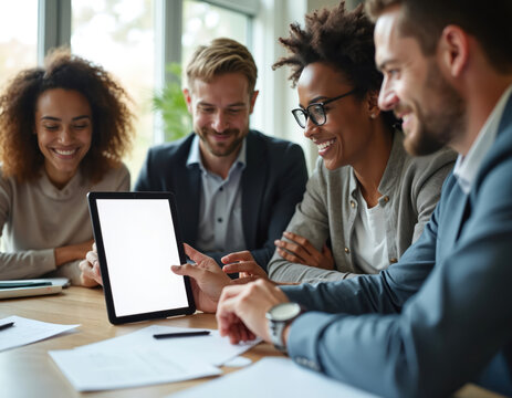 Diverse business professionals collaborate in modern office meeting room. Smile, discussing important project details, corporate data on blank digital tablet screen. Coworkers brainstorm new ideas,