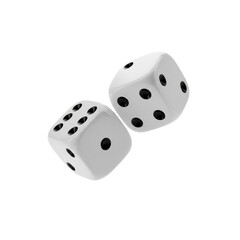 high-speed macro photograph of two glossy white acrylic dice with matte black pips, captured tumbling in mid-air against a seamless transparent background, visualizing the concept of luck and random