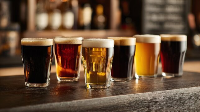 A lineup of assorted beer pints with foam tops, displayed on a bar. The variety of brews adds a touch of refreshment to a casual outing. A perfect after-work drink!