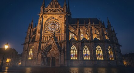Architectural grandeur: A stunning nighttime view of an illuminated cathedral facade