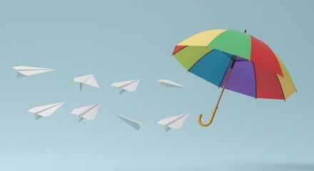Paper airplanes flying from a colorful umbrella on a light blue background
