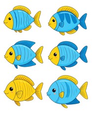 Fototapeta premium A colorful collection of six cartoon fish with different patterns. They have a round body and a smiling face