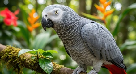 Fototapeta premium An African grey parrot perched on a branch amidst the lush flora of a tropical jungle