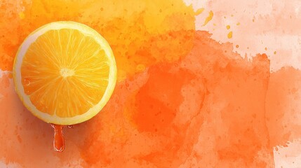 Half of a Lemon with Juice Dripping on a Watercolor Background in Orange Hues