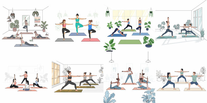 Diverse set of yoga illustrations showing groups and individuals practicing different poses like Warrior and Tree Pose in bright, minimalist studios with houseplants.