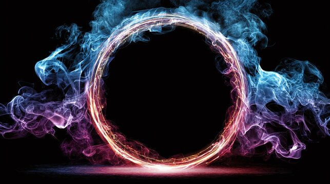 Mystic circle of light and smoke, a portal to another dimension. The ethereal blue and red smoke swirls around the ring, creating a hypnotic visual spectacle on a dark background.