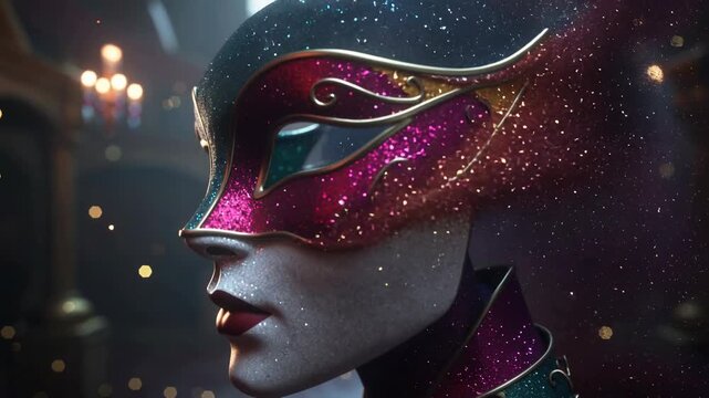 Carnival mask glowing on dark background, colorful sparkle design and golden glitter. 