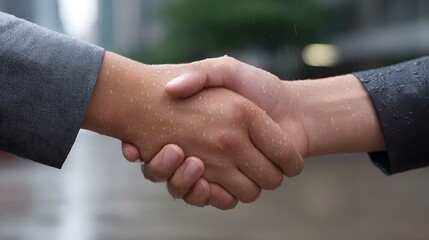Professional handshake between two business people in the rain representing partnership and a solid agreement