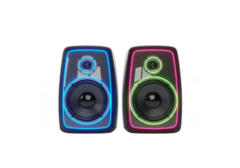 Two illuminated modern speakers with blue and pink neon edges isolated on transparent background