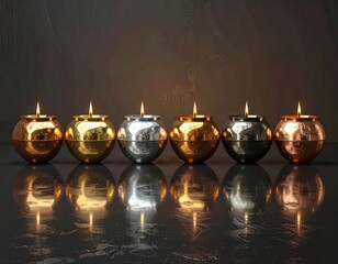 Elegant metallic candle holders with glowing flames creating a warm atmospheric reflection on dark