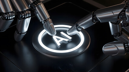 Chrome fingers of a robot press the glowing circular AI key