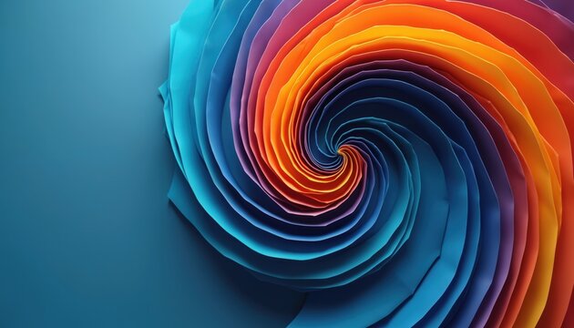 Vibrant colorful spiral abstract art. Layers of paper create dynamic visual pattern. Blue, purple, orange, red, yellow hues swirl together from top view. Creative modern artistic background for tech,
