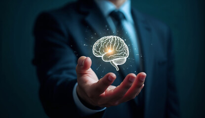 Businessman holding shining digital brain.