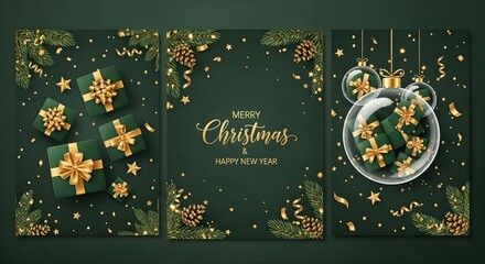 Elegant dark green Christmas cards with gold details, a professional concept perfect for holiday invitations, celebrations, and festive greetings