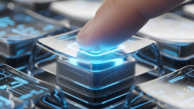 Human finger presses a glowing blue transparent futuristic keyboard key