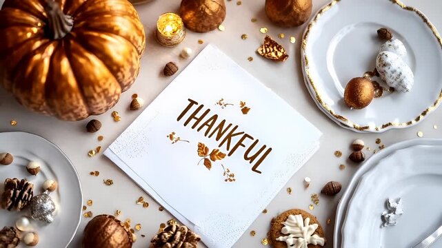 Thanksgiving holiday promotion theme. Thanksgiving table setting with golden confetti and autumnal decorationspumpkin.