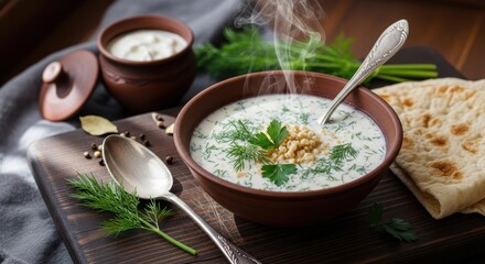 Aromatic and delicious steaming yogurt soup presentation with rustic touch and fresh herbs