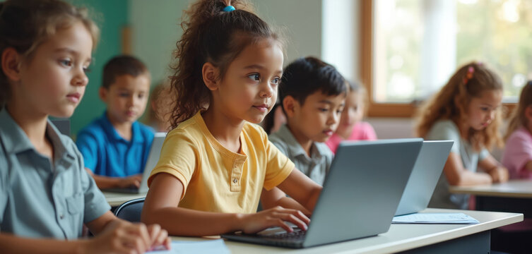 Diverse elementary students actively use laptops in school class. Young children engaged in digital learning with modern tech. Focus intently on screens, typing at desks in bright classroom setting. - Powered by Adobe