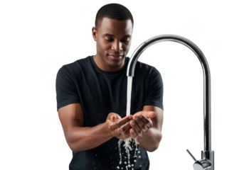 Man washing hands under a modern chrome faucet with flowing water isolated on transparent background