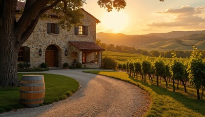 Stone villa sits on rolling hills with vineyard at sunset. Warm golden light bathes Tuscan landscape, showing charm and peaceful rural retreat. Ideal vacation getaway.