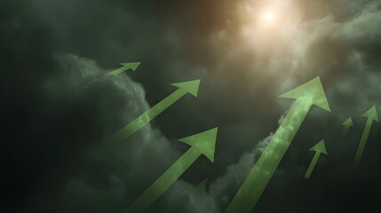 Green arrows indicating upward growth and financial success emerge through stormy clouds towards a bright sunlit sky