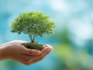 Hands holding small green tree with soil