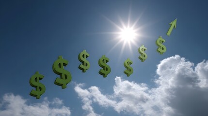 Rising dollar signs and arrow symbolizing financial growth against a bright sky