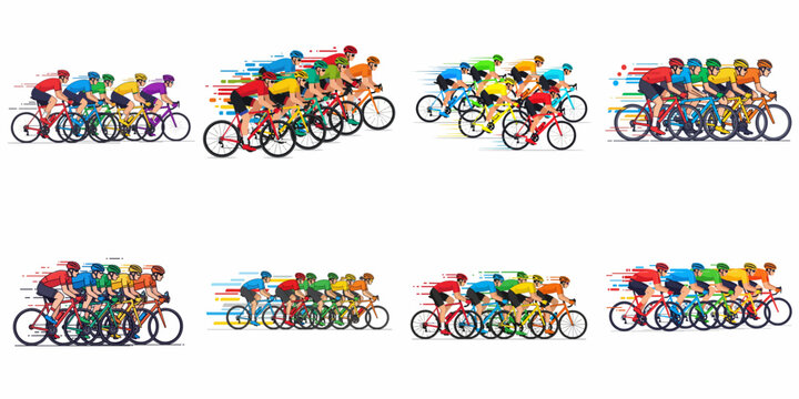 Dynamic Vector Collection of Cyclists Racing: Professional Bicycle Riders in Colorful Peloton Illustrations with Speed Lines.