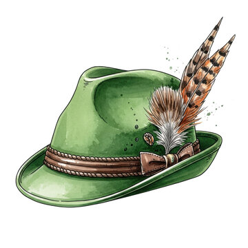Detailed watercolor illustration of a dark green classic german tyrolean hat (tirolerhut) with a prominent pheasant feather gamsbart, isolated on transparent background. Concept of german bavarian