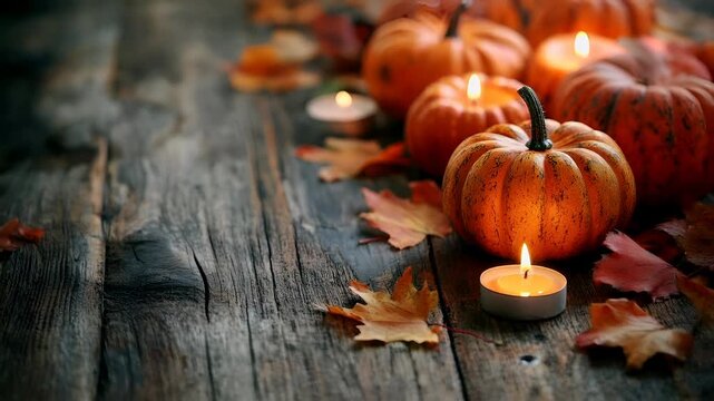 A closeup shot of a rustic wooden table adorned with autumn leaves and candles. The main subject is a collection of pumpkins and candles.
