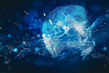 Digital Global Connectivity Network, A high-tech visualization of global connectivity featuring a glowing digital Earth composed of dotted patterns and interconnected nodes. 