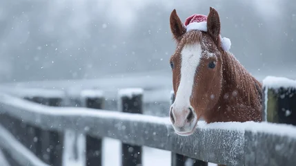 Stickers Meisjeskamer Festive equine friend donning a holiday hat amidst a snowy wonderland, bringing cheer and magic to the winter season. Snowy backdrop adds a touch of enchantment.  © Oleksandr