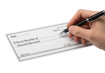 Hand holding a pen writing on a blank check isolated on transparent background